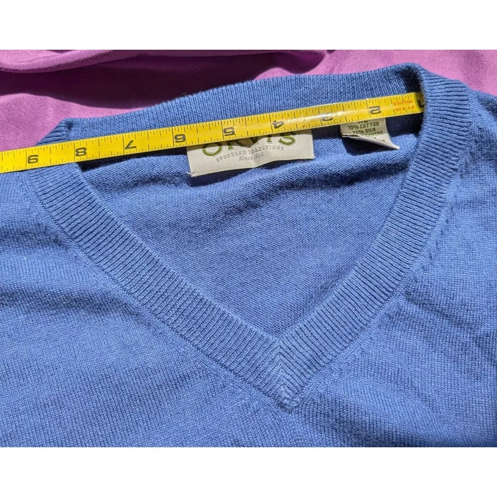 Orvis Sweater Mens XL Blue Luxury Blend Silk Cashmere Pull over V-neck
